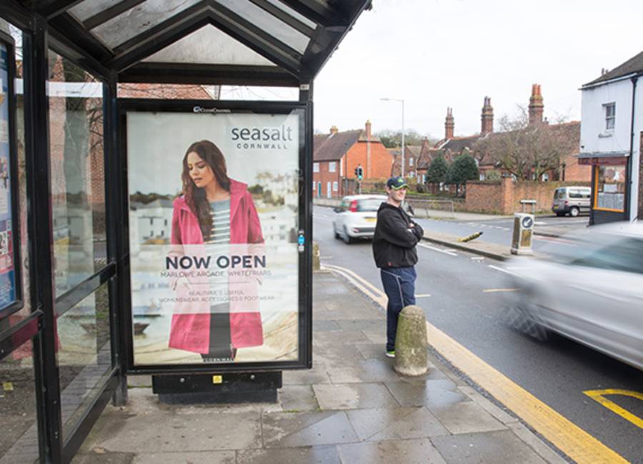 Seasalt Cornwall adshel poster campaign next to a road