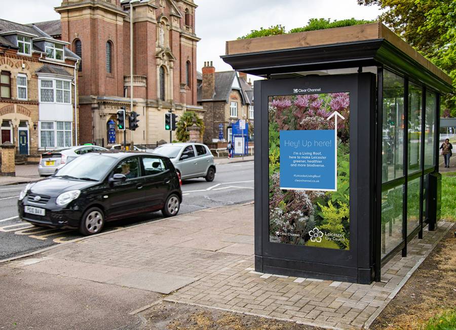 A living roof bus shelter with cars passing by.