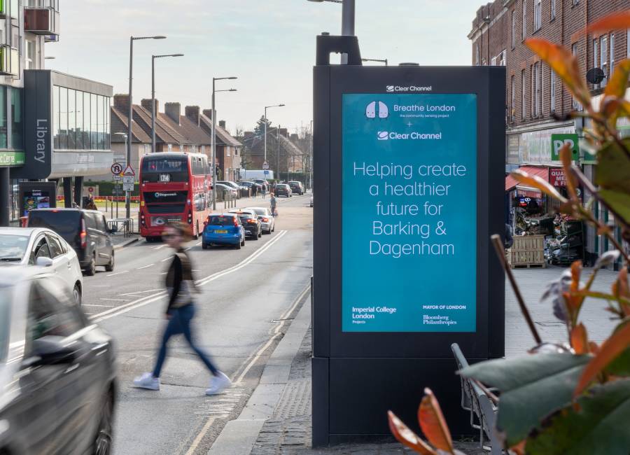 A Adshel Live screen with a air quality sensor in barking and dagenham.