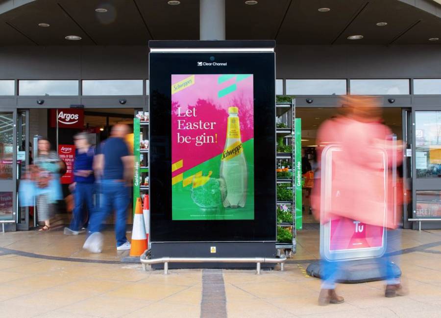 Schweppes Easter campaign displayed on Asda Live digital screens outside the supermarket