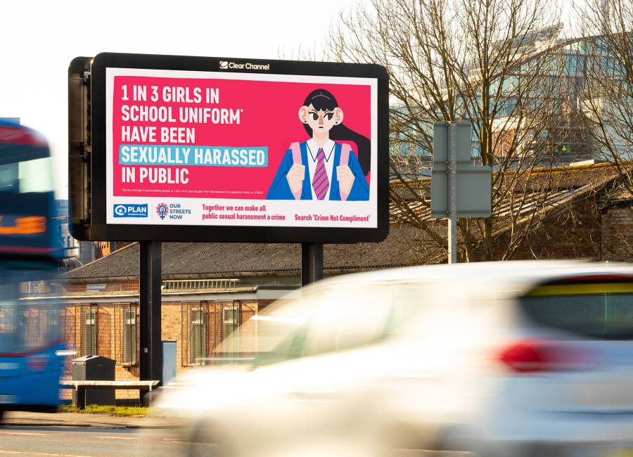 A clear channel billboard advertising the impact of public sexual harassment.