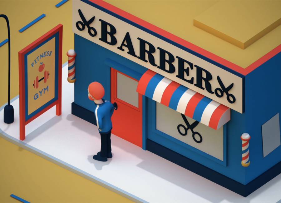 graphic image of a man staring at a gym ad whilst stood outside a barbers