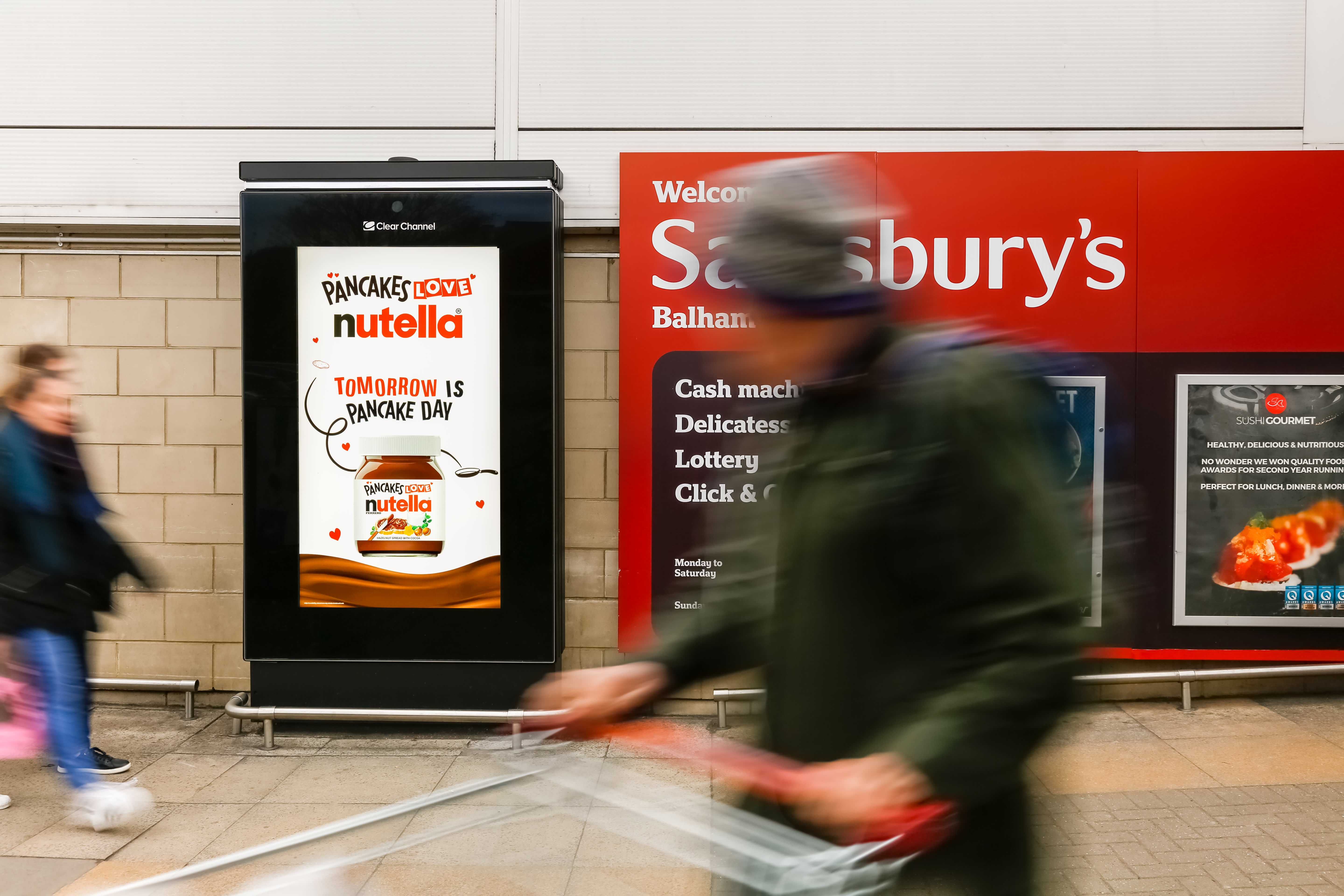 A nutella 'Pancake Day' advert displaying on a Sainsbury's Live digital screen