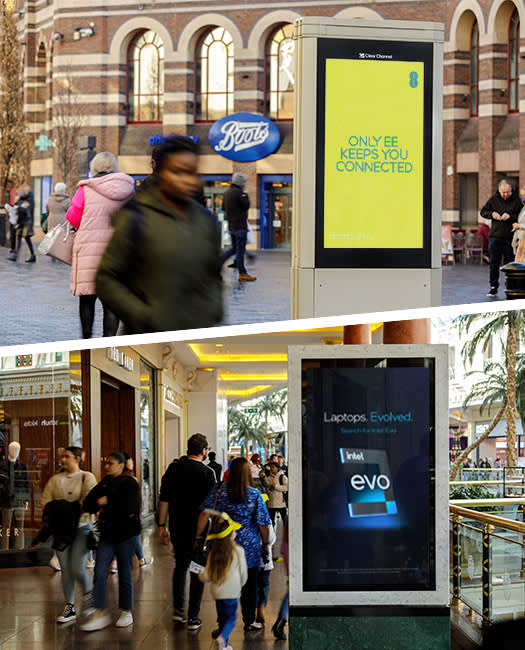 High Street and Mall digital advertising screens with audience walking by