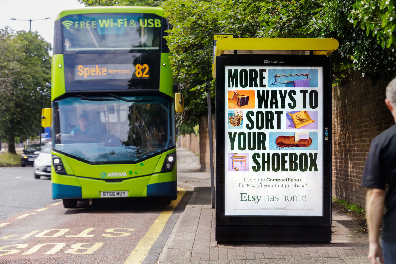 Adshel bus stop poster featuring an Etsy campaign with a bus at the bus stop