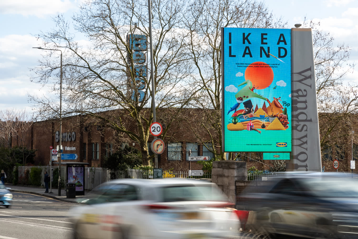 A bright blue Ikea campaign displaying on a huge Storms digital screen in Wandsworth
