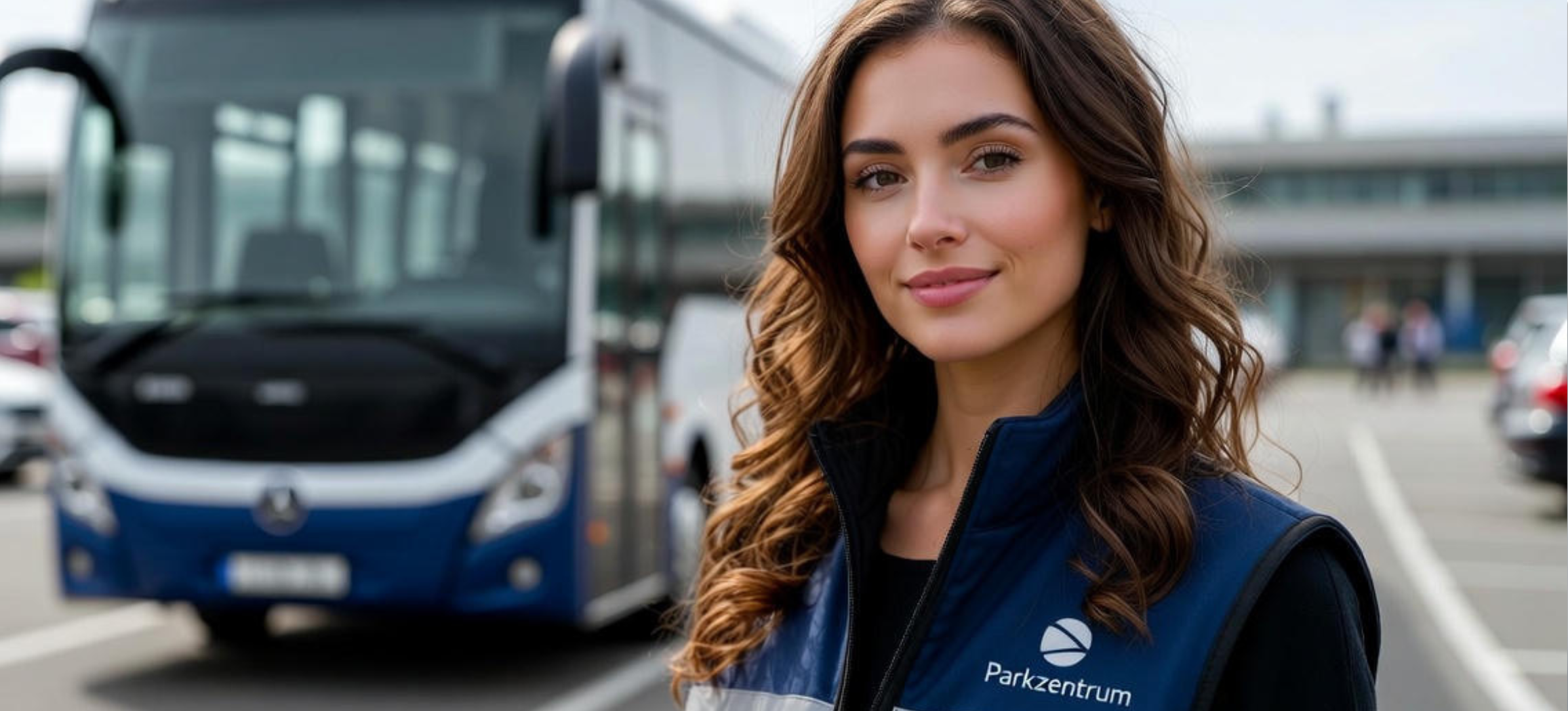 Parkzentrum-Mitarbeiterin vor Shuttlebus am Flughafen Hamburg – Shuttle-Parken Service