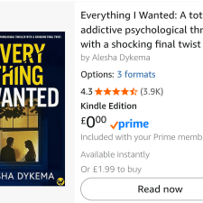 Book listing on Amazon for "Everything I Wanted: A totally addictive psychological thriller with a shocking final twist"