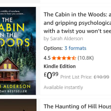 Book listing on Amazon for "The Cabin in the Woods: a dark and gripping psychological thriller with a twist you won't see coming"