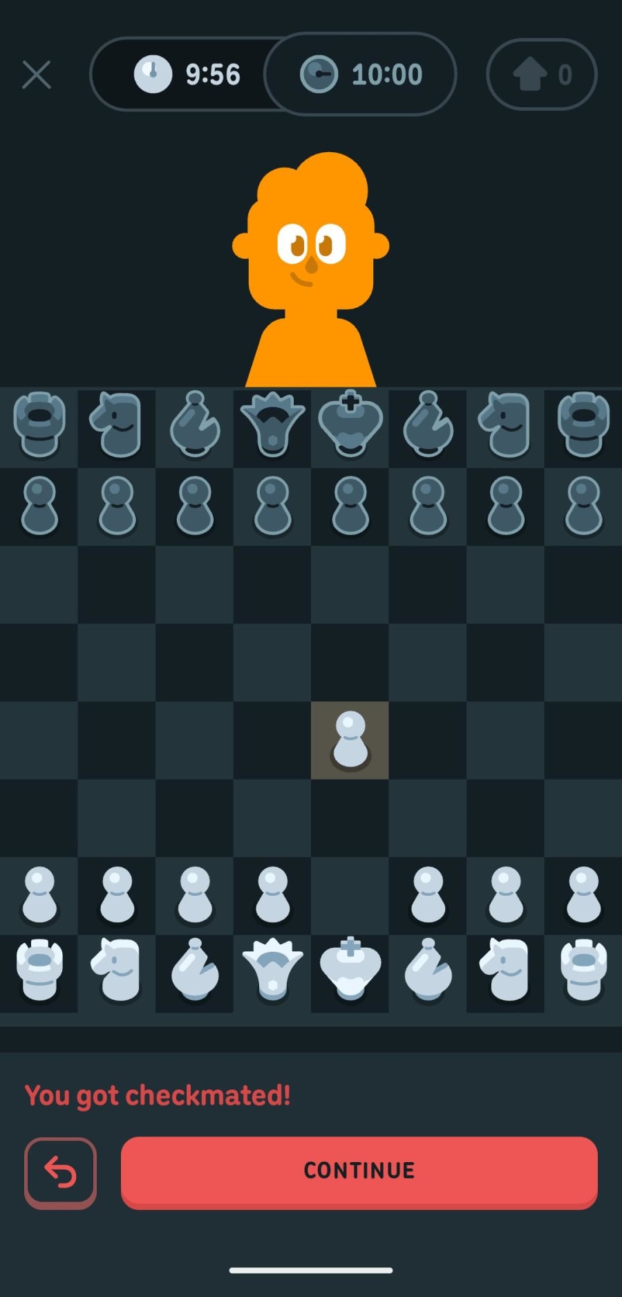 Screenshot of a chess board in Duolingo Chess, with a message telling me I've been checkmated after making the single opening move of pawn to E4.