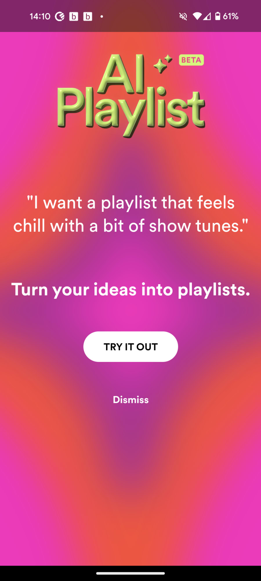 Spotify's very garish popup ad for their AI playlist generator.