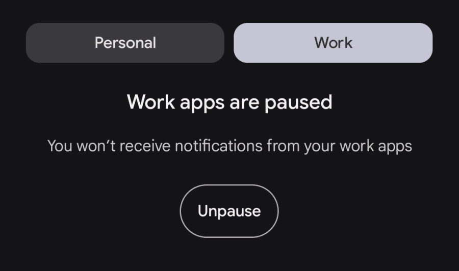 Android app drawer showing that work apps are paused.