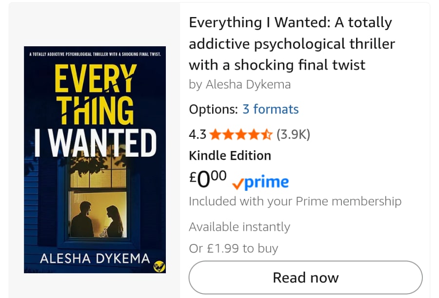Book listing on Amazon for "Everything I Wanted: A totally addictive psychological thriller with a shocking final twist"