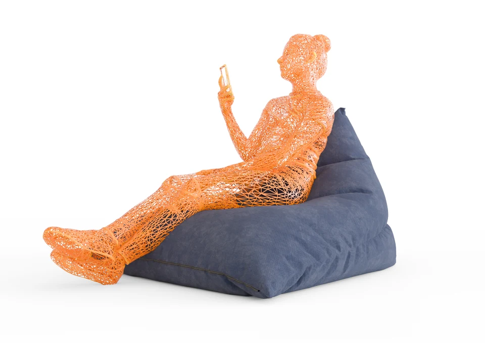 Blue fabric beanbag with an orange wireframe figure lying on it, holding a phone.