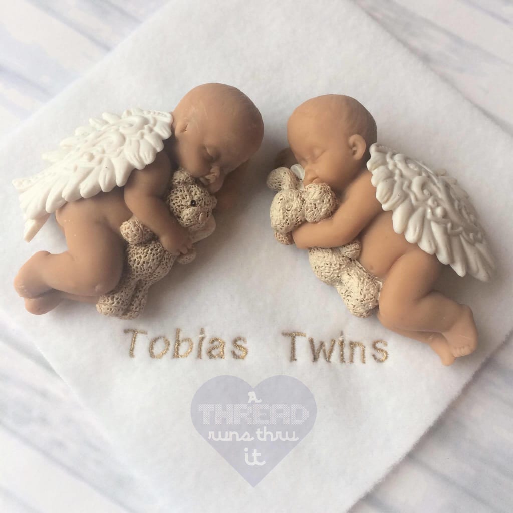 Twin Angel baby keepsake with teddy bear