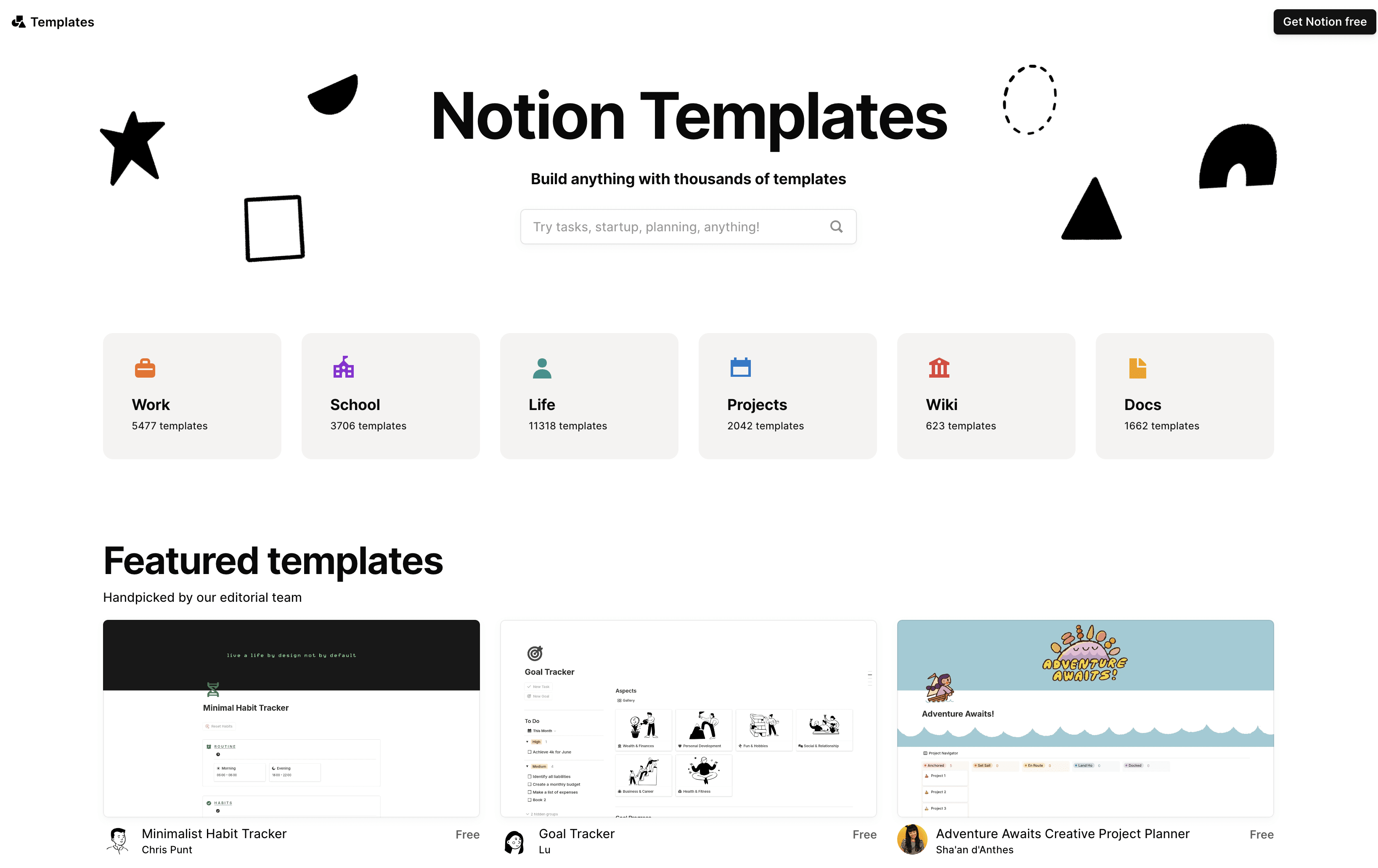 Notion's template gallery showcasing community-submitted templates for new users