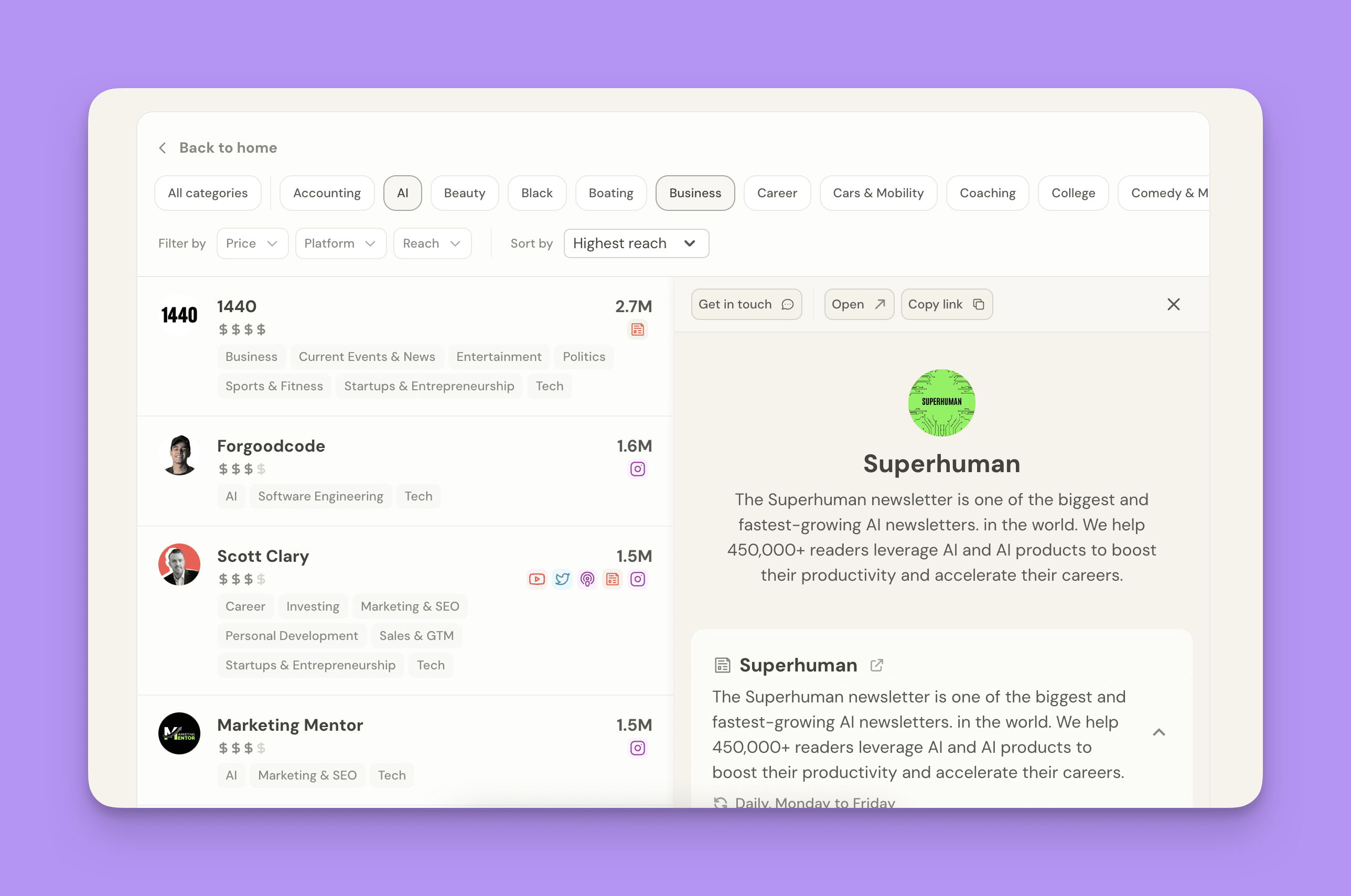 Durable's personalized creator Discovery workspace on Passionfroot