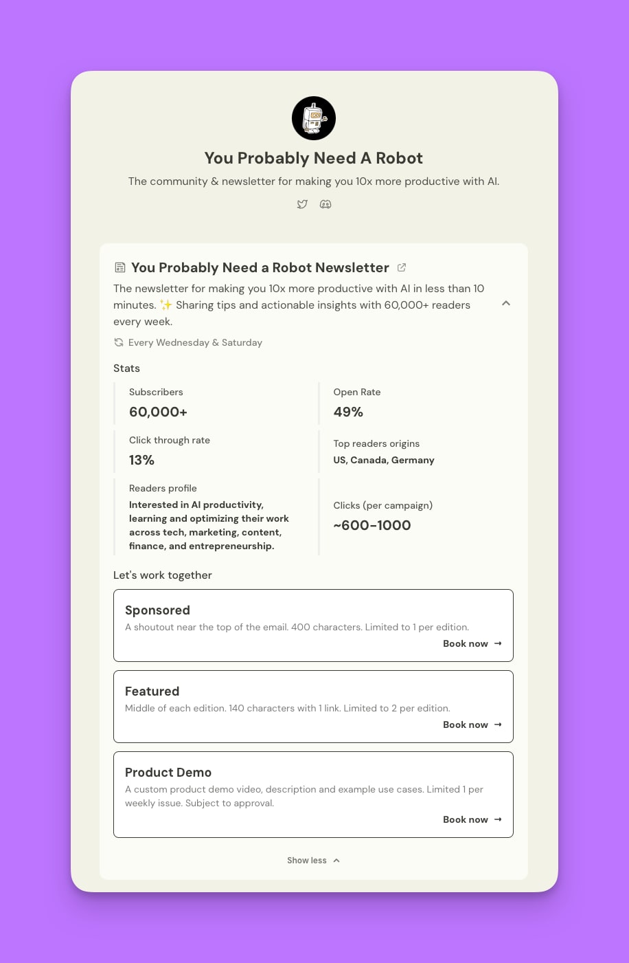 You Probably Need a Robot's Passionfroot storefront page