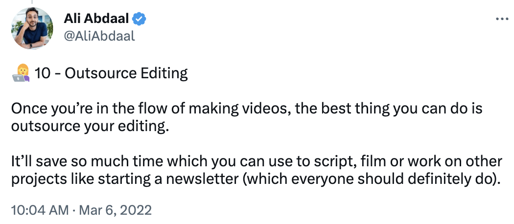 Ali Abdaal's advice on when to outsource video editing tasks