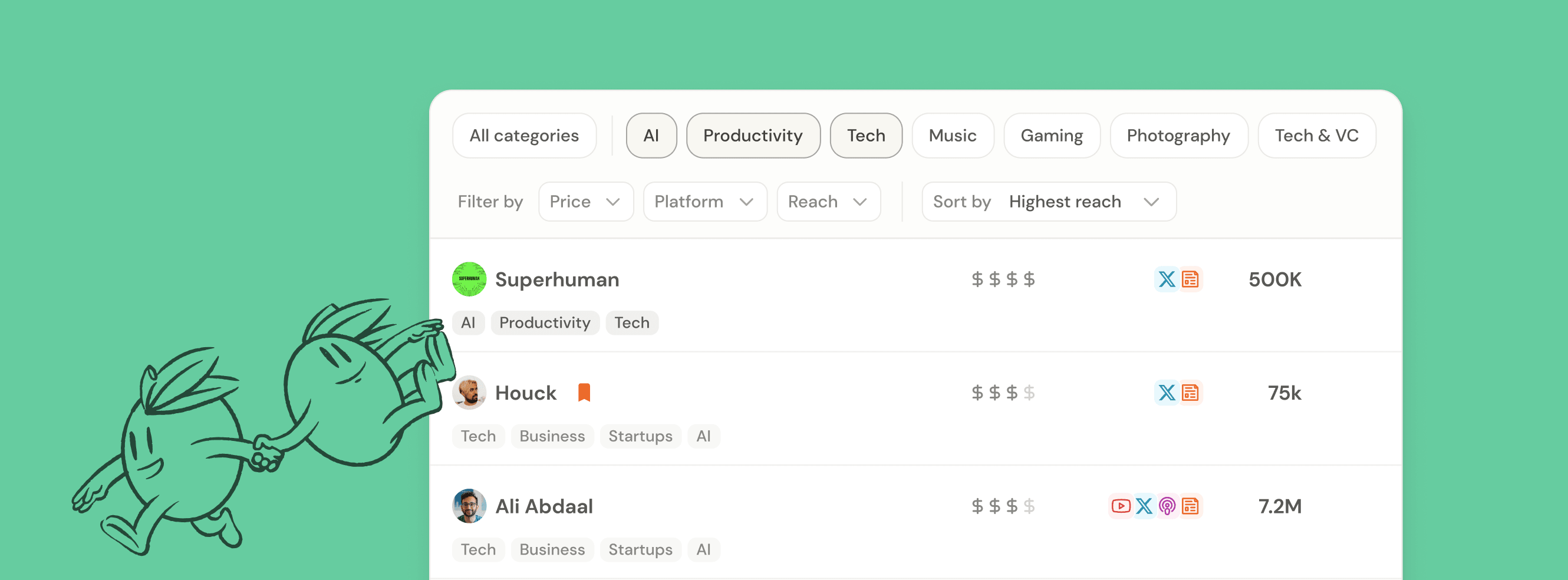 Passionfroot search filters for finding influencers by niche and audience
