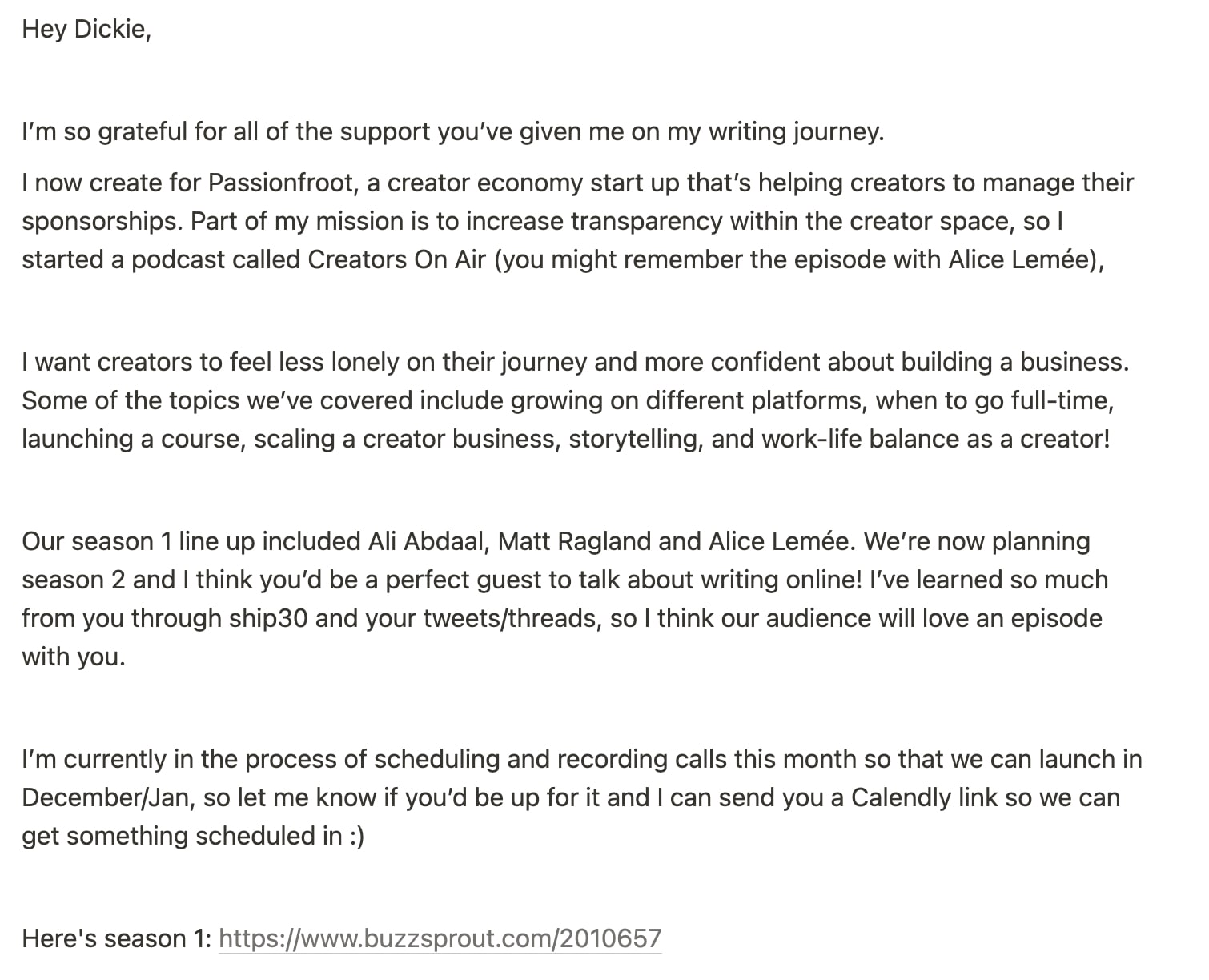 Outreach email template used for the Creators on Air podcast