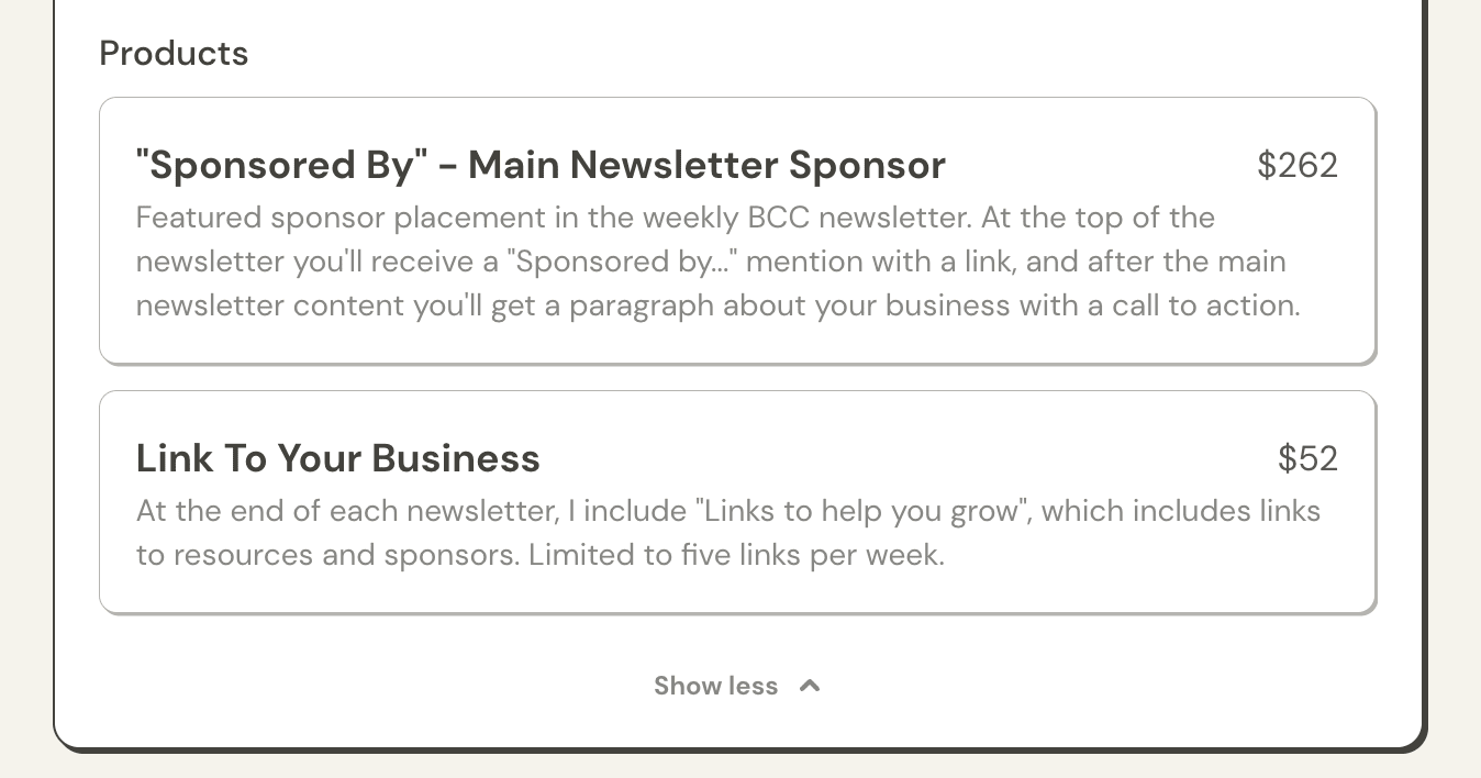 Example products and services section in a media kit