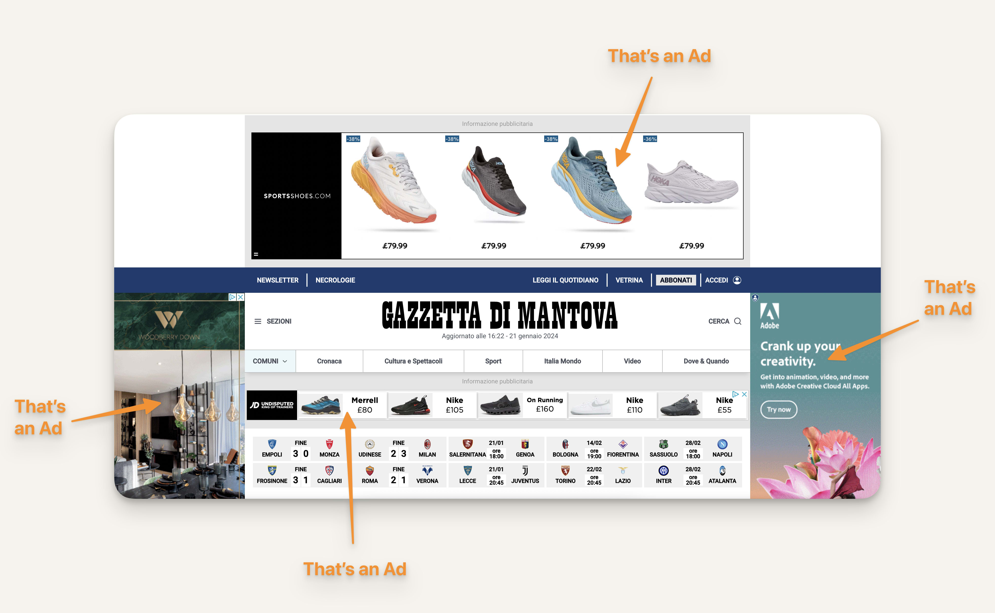 Screenshot of Gazzetta di Mantova's ad-filled front page today