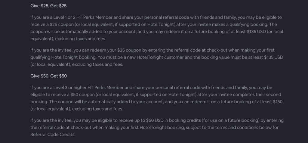 Hotel Tonight's tiered referral program rewards by HT Perks level