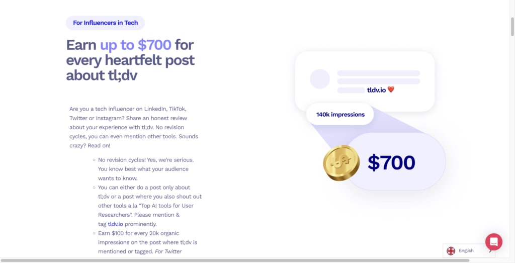 tl;dv's ambassador program featured in their website navigation bar