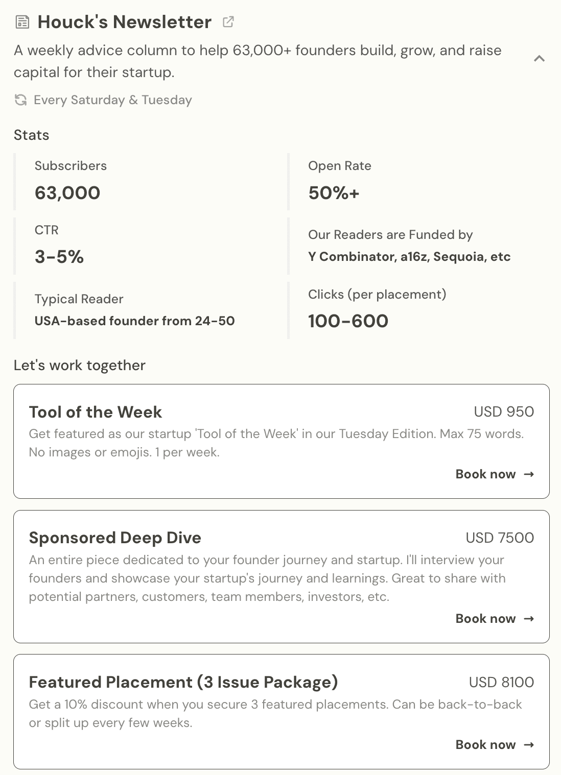 Michael Houck's Passionfroot page offering sponsors different tiers and packages
