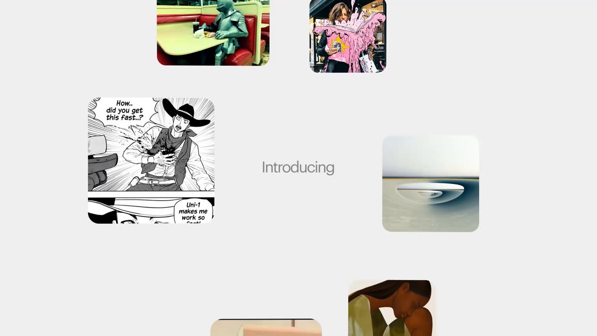Frame from Luma's Uni-1.1 launch film — a grid of generated stills around the word Introducing