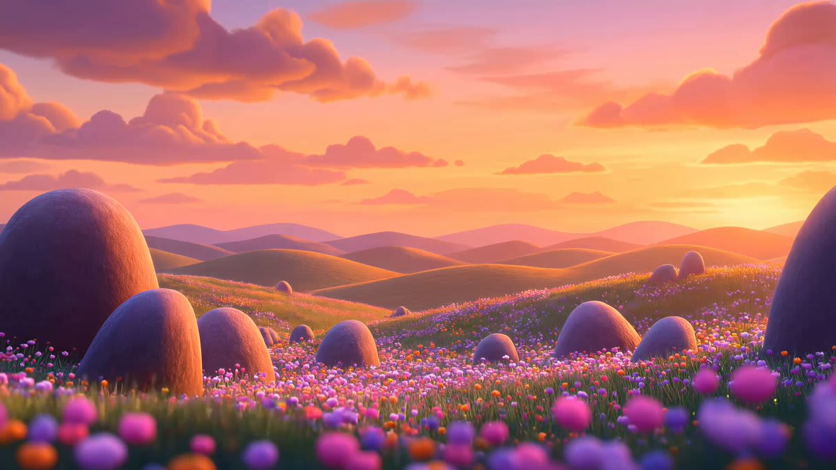 Frame from the Passionfroot Series A film — a pastel Froot World meadow at sunrise
