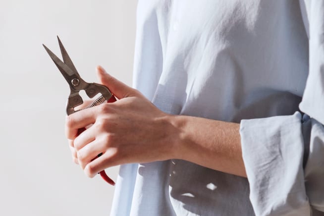 Close-up of a woman holds a pair of red secateurs