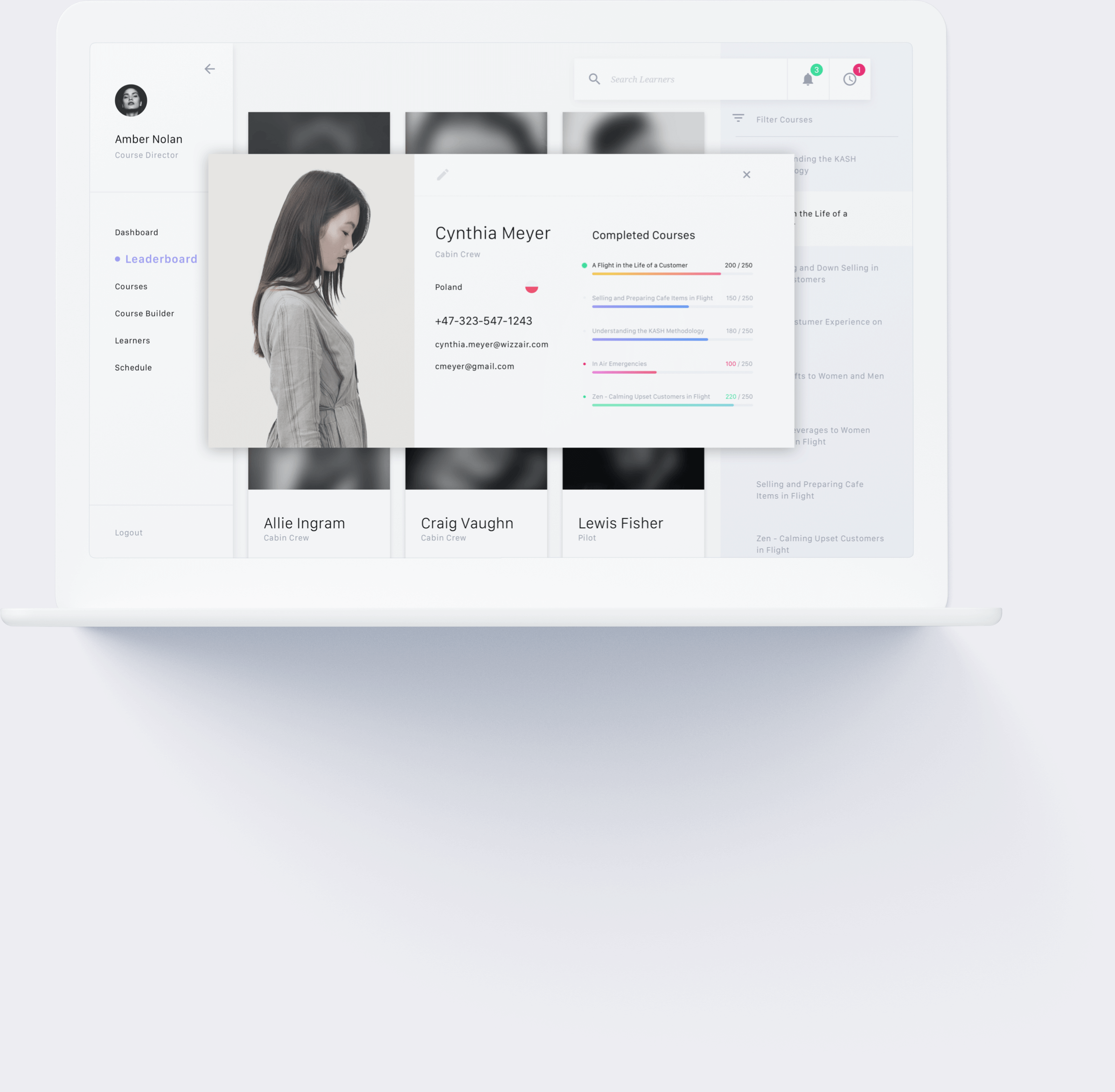 Learner card on the management tool