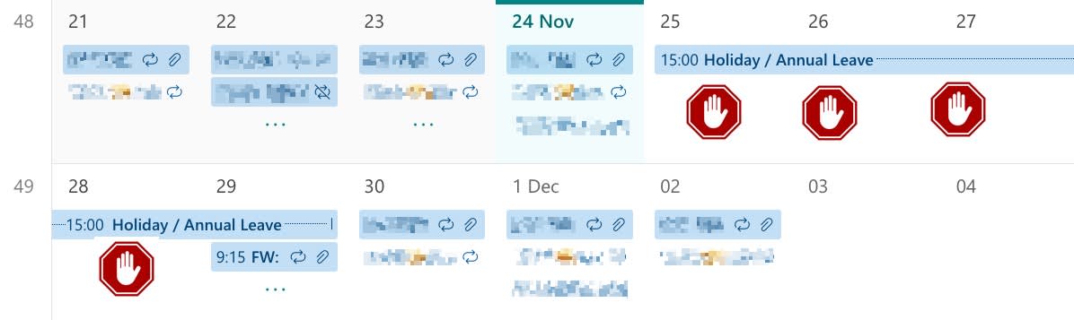 Screenshot of my calendar with day 25th, 26th, 27th and 28th blocked out for holiday