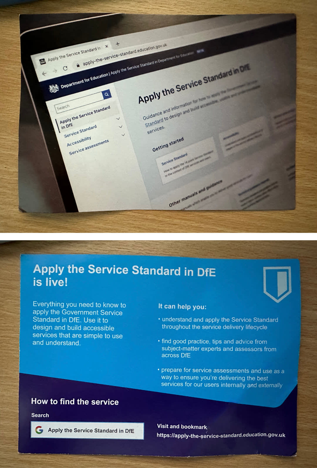 Photo of the printed DFE apply the service stand card. It is A5 sized with a description of the service and a screenshot of the website