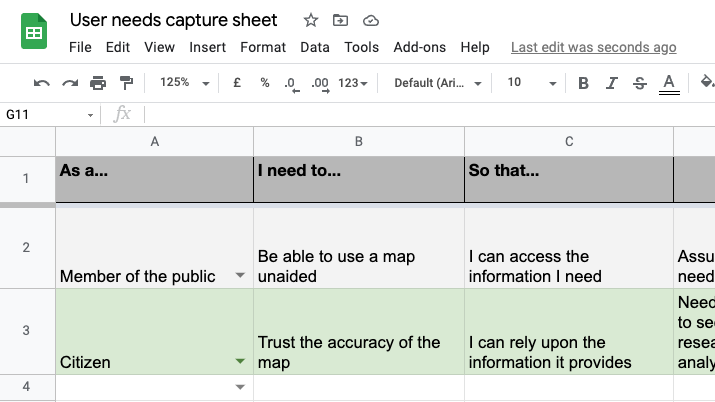 A screenshot of the first three columns from the sheet, showing as a