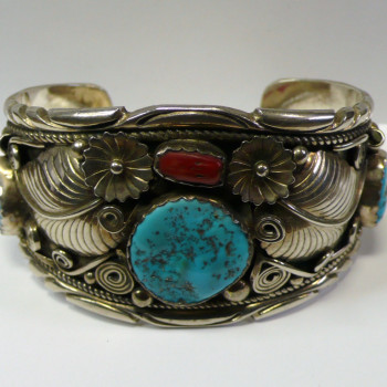 Navajo Native American Sterling Silver Turquoise & Coral Bracelet/Cuff