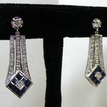 Vintage circa 1930's Dangling Cluster Diamond and Sapphire Earrings in 18kt