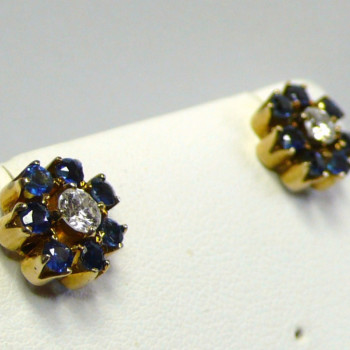 Flower Design Sapphire and Diamond Yellow Gold Earrings