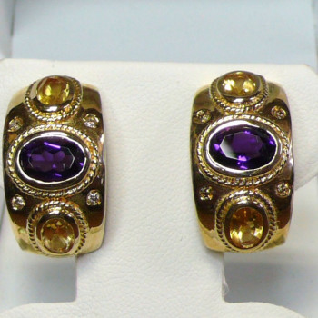 Mediterranean Inspired Oval Amethyst and Topaz Gold Earrings with Diamonds