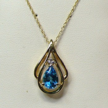 Modern Tear-Drop Blue Topaz and Diamond Pendant Necklace