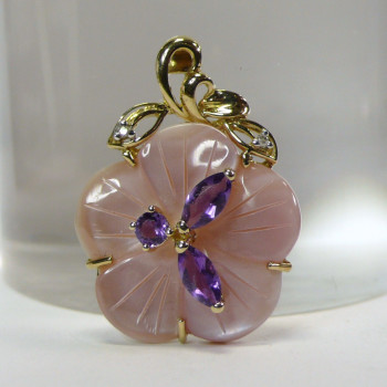 Flower Design Mother of Pearl  with Amethyst and Diamond Pendant with Chain