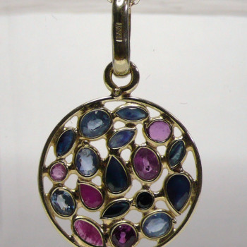 Stained Glass Design Ruby and Sapphire Gold Pendant with Gold Chain