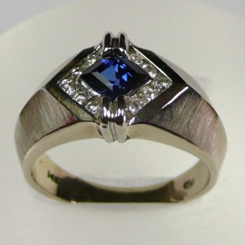 Blue Sapphire and Diamond In an Offset Design Mans White Gold Ring