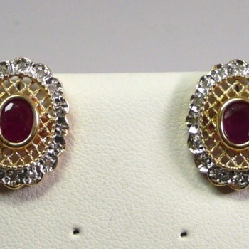 Vintage Inspired Red Oval Ruby and Diamond Filigree Earrings 