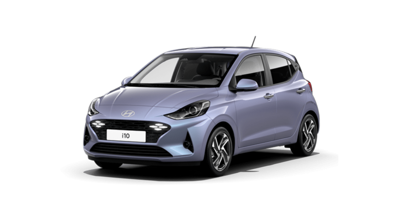 Blue Hyundai i10, front three-quarter view on a transparent background