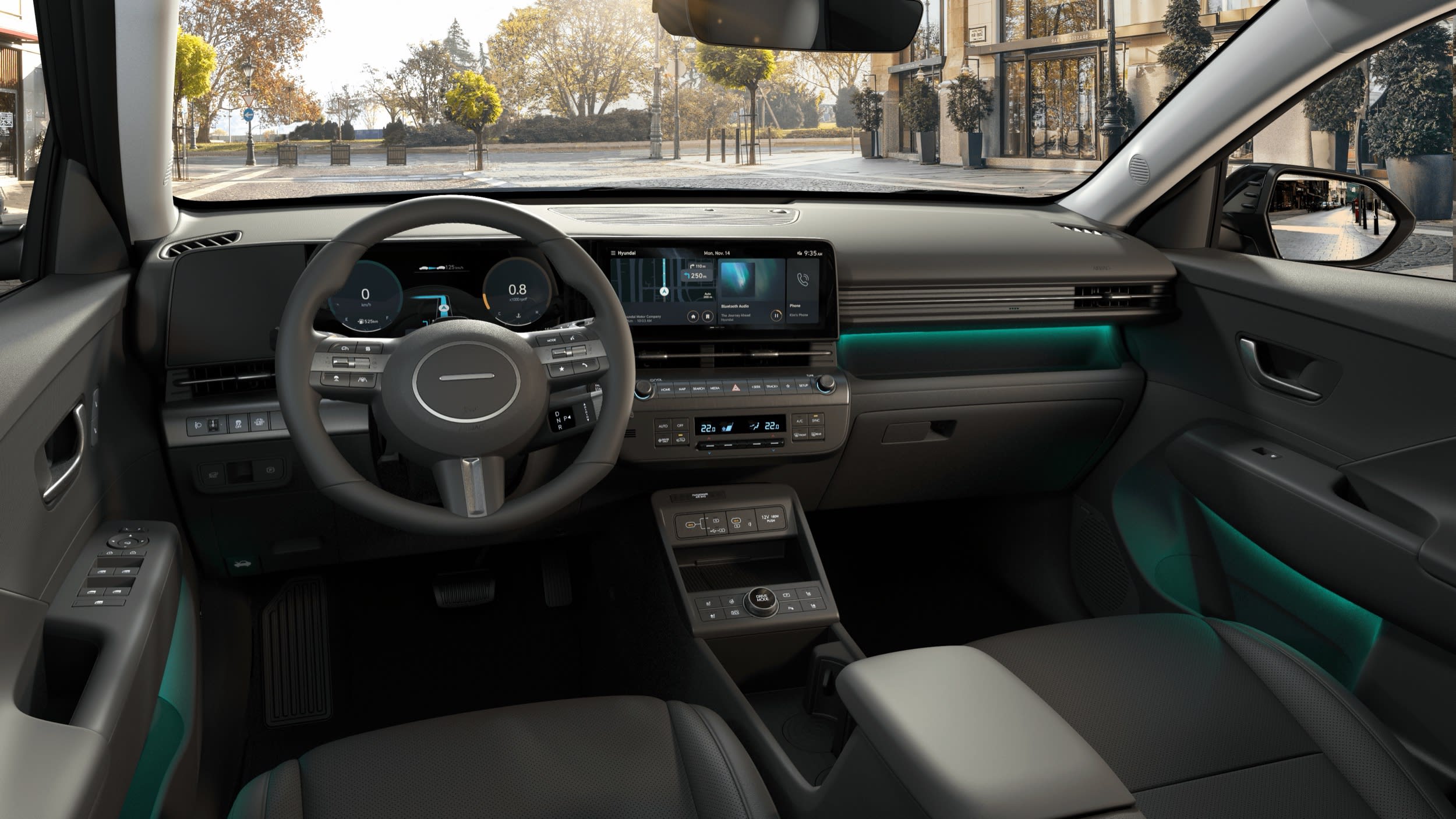 Salpicadero del Hyundai KONA con iluminación ambiental turquesa