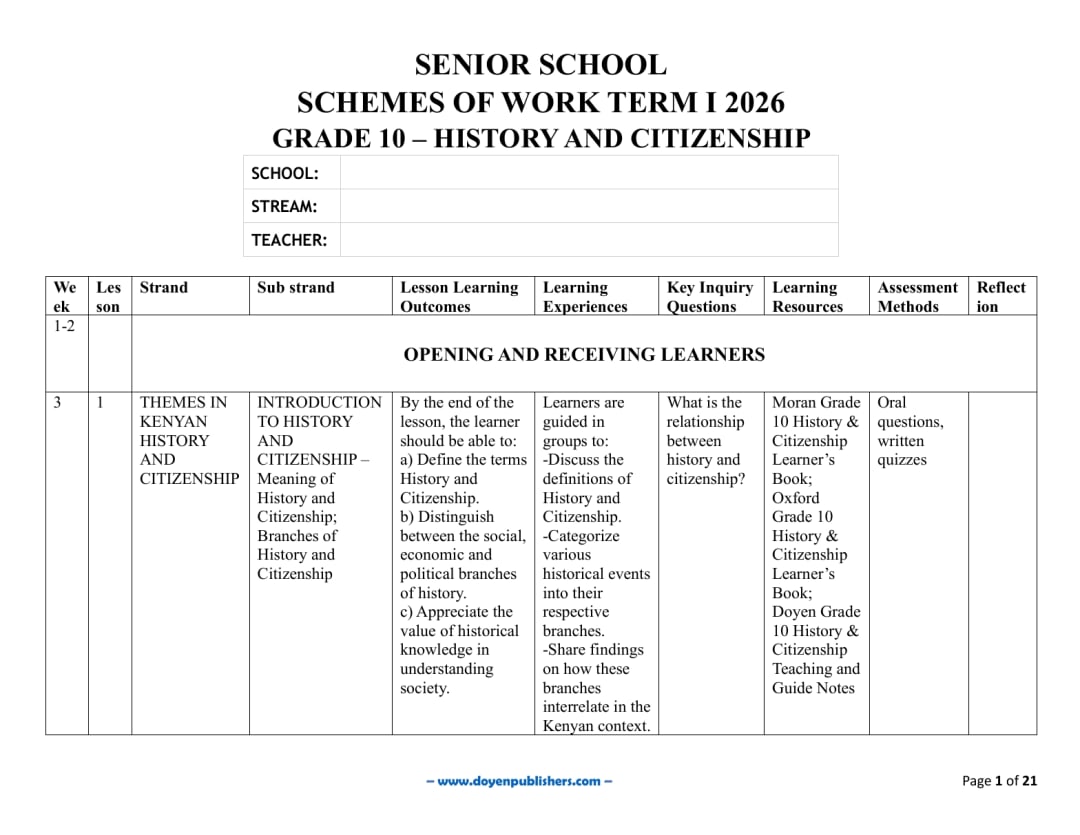 Buy Grade 10 History and Citizenship Term 1 2026 Schemes of Work - Paystack