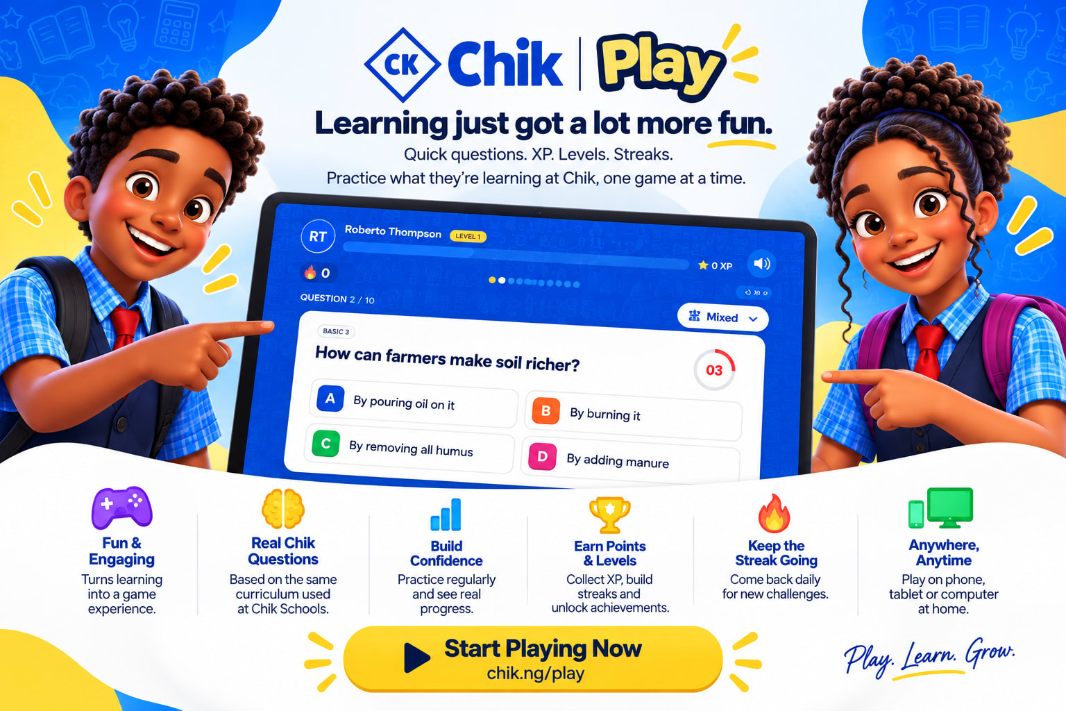 Chik Play — free timed quiz games with real Chik questions. Start playing at chik.ng/play